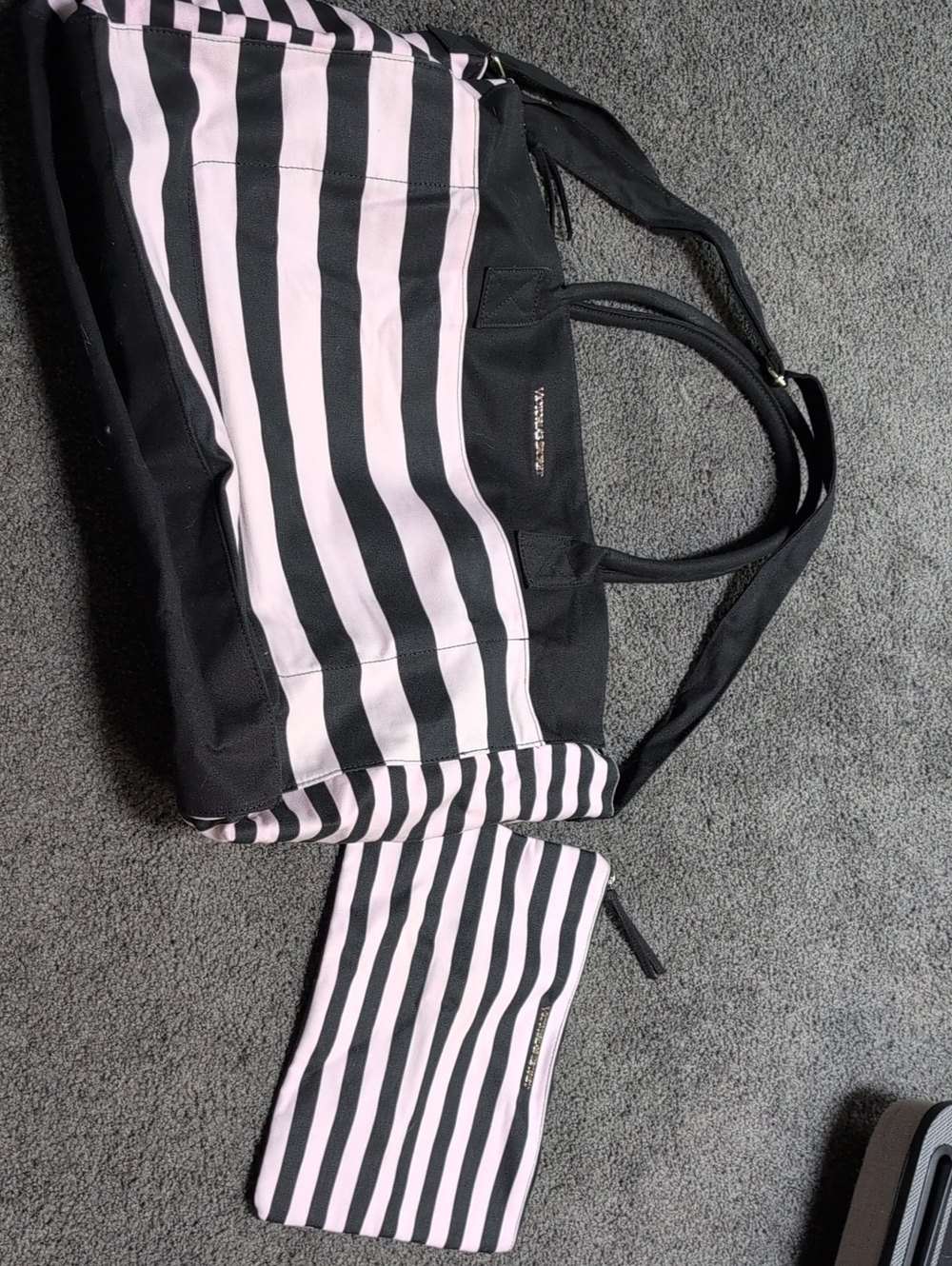 Victorias Secret Striped Tote Bag with Matching Pouch - Black & Light Pink